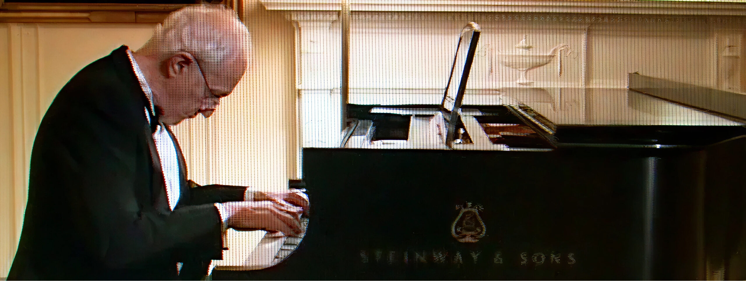 Pianist performing on a grand piano